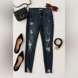Express Blue Ankle High Rise Jeans with Distressed Detailing